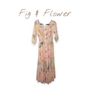 Floral Boho Maxi Dress By Fig & Flower  Smocked Waist Button-Down Puff Sleeves